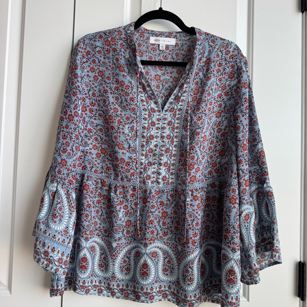 Fever Boho Paisley & Floral Bell Sleeve Blouse size L